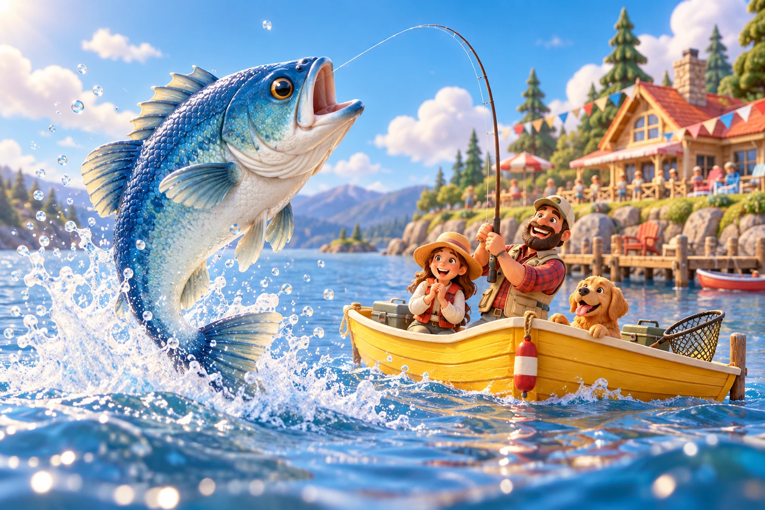 Sunny fishing club with a giant blue bass and bright boat